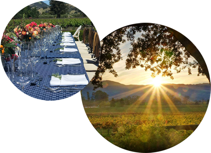 two image circles, one of a calistoga sunset and the other of a set table outdoor catering