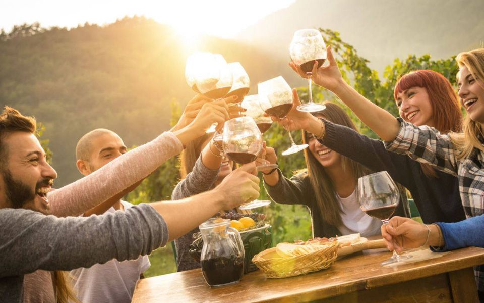 friends drinking wine and eating food outside