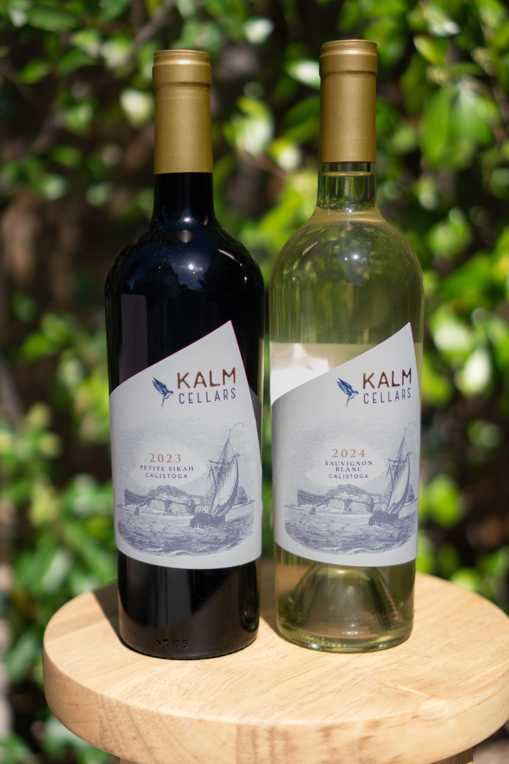 KALM Cellars Wine Bottles featuring 2024 Sauvignon Blanc and 2023 Petite Sirah